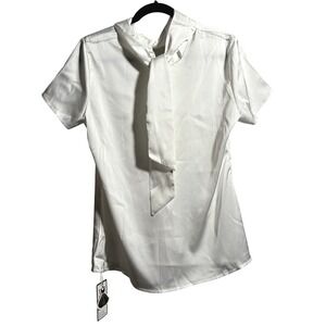 NWT Retro Stage White Satin Bow Tie Neck Short Sleeve Blouse Top XL Retro Preppy